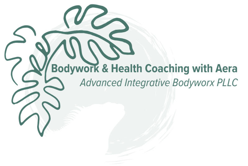 A logo in light grean, dark green, and white that says Bodywork & Health Coaching with Aera, Advanced Integrative Bodyworx PLLC. It's got a white silhouette of a lizard and a green single-line drawing of monstera leaves.